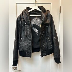 Black hooded leather jacket